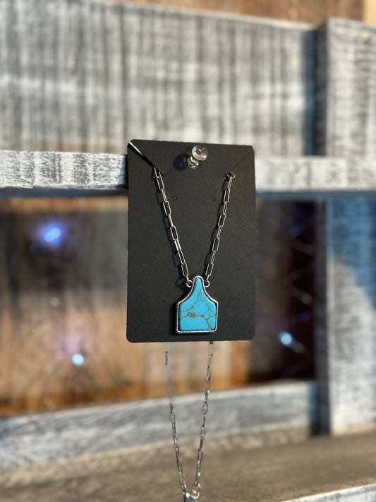 Cow Tag & Turquoise with paper clip chain Necklace